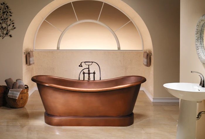 Oval Double Slipper Copper Tub with Modern Pedestal