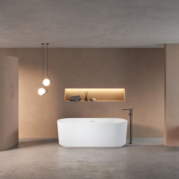 Modern Oval Freestanding Tub with Decorative Lines, Recessed Base
