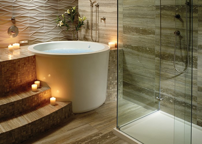 MTI Jasmine 3 Round Freestanding Tub Installed Against a Surround with Steps