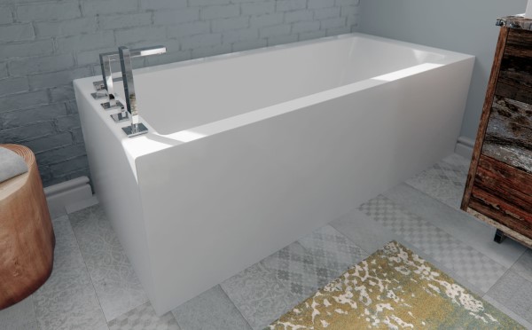 Rectangle bath with a front and side skirt to slide into a corner