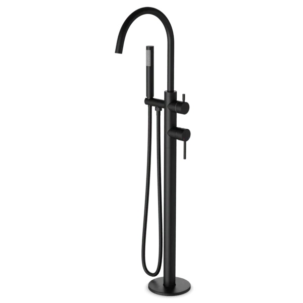 Matte Black Floorstanding Tub Filler with Curved Spout, Hand Shower