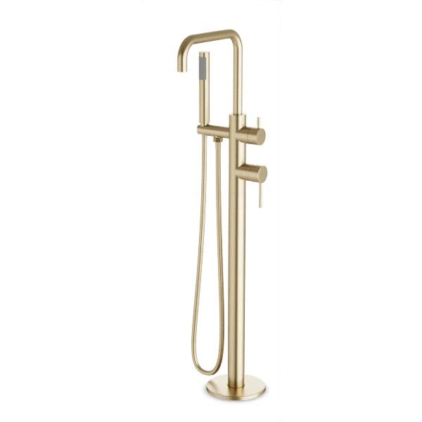 Brushed Brass Floorstanding Tub Filler with Curved Spout, Hand Shower