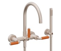 Curving Spout Bridge Wall Tub Filler with 41 Orange Handle, Handshower on a Hook