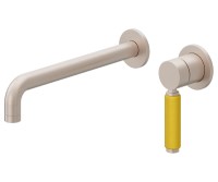 Long Spout, 2 Hole, Yellow Porcelain Handle Wall Faucet