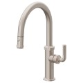 Curving Spout, Pull-down Button Spray, Knurled Handle