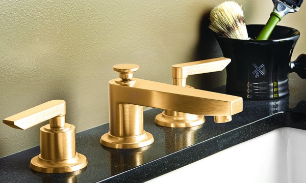 Rincon Bay Widespread Sink Faucet with Low Spout, Modern Lever Handle, Shown in Gold